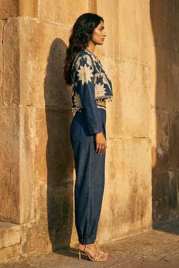 Buy_Aditi Somani_Blue Denim Open Neck Jacket And Pleated Pant Set _Online_at_Aza_Fashions