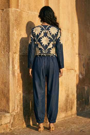 Shop_Aditi Somani_Blue Denim Open Neck Jacket And Pleated Pant Set _at_Aza_Fashions