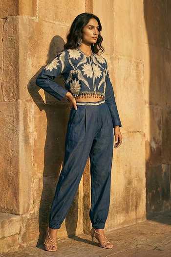Shop_Aditi Somani_Blue Denim Open Neck Jacket And Pleated Pant Set _Online_at_Aza_Fashions