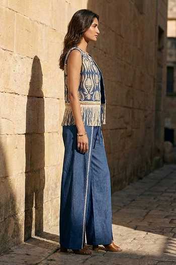 Aditi Somani_Blue Denim Open Neck Jacket And Flap Pant Set _Online_at_Aza_Fashions