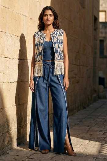 Buy_Aditi Somani_Blue Denim Open Neck Jacket And Flap Pant Set _at_Aza_Fashions