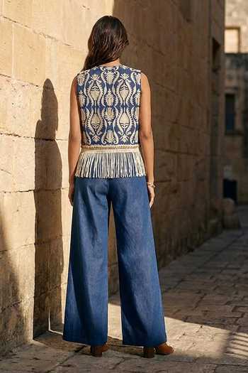Shop_Aditi Somani_Blue Denim Open Neck Jacket And Flap Pant Set _at_Aza_Fashions
