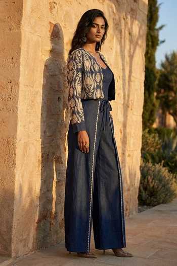 Aditi Somani_Blue Denim Open Neck Jacket And Pant Set _Online_at_Aza_Fashions