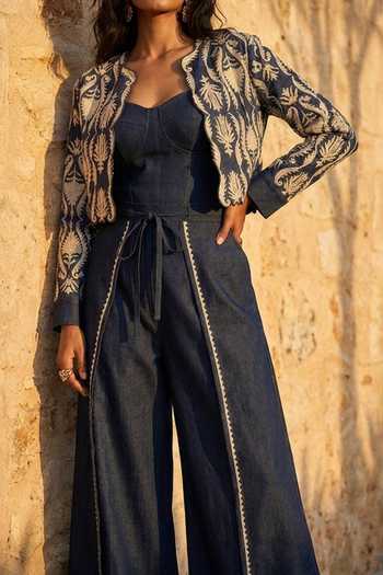 Buy_Aditi Somani_Blue Denim Open Neck Jacket And Pant Set _Online_at_Aza_Fashions
