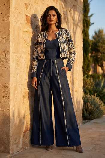 Buy_Aditi Somani_Blue Denim Open Neck Jacket And Pant Set _at_Aza_Fashions