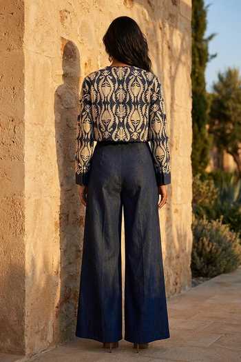Shop_Aditi Somani_Blue Denim Open Neck Jacket And Pant Set _at_Aza_Fashions