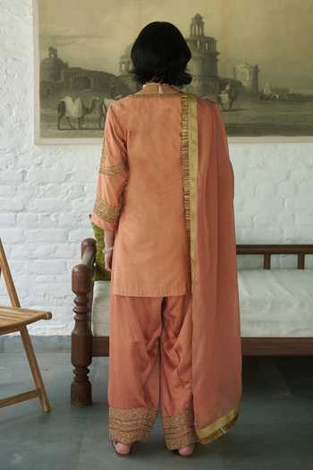 Shop_Meenagurnam_Orange Silk, Organza Round Neck Kurta Salwar Set _at_Aza_Fashions