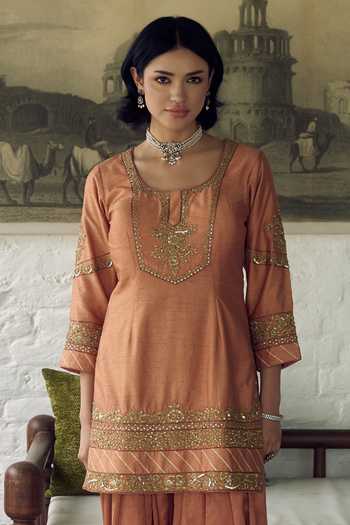 Meenagurnam_Orange Silk, Organza Round Neck Kurta Salwar Set _Online_at_Aza_Fashions