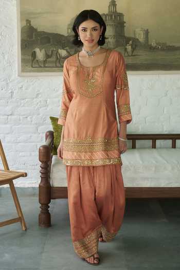 Shop_Meenagurnam_Orange Silk, Organza Round Neck Kurta Salwar Set _Online_at_Aza_Fashions