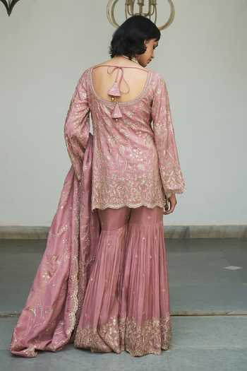 Shop_Meenagurnam_Lavender Tissue V-neck Embroidered Kurta Gharara Set _at_Aza_Fashions