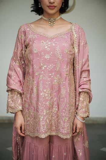 Meenagurnam_Lavender Tissue V-neck Embroidered Kurta Gharara Set _Online_at_Aza_Fashions
