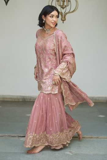 Shop_Meenagurnam_Lavender Tissue V-neck Embroidered Kurta Gharara Set _Online_at_Aza_Fashions
