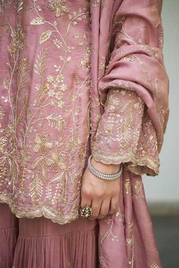 Meenagurnam_Lavender Tissue V-neck Embroidered Kurta Gharara Set _at_Aza_Fashions