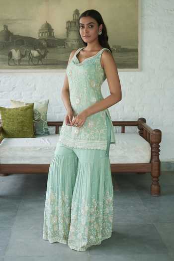 Buy_Meenagurnam_Blue Tissue V-neck Embroidered Kurta Gharara Set _at_Aza_Fashions