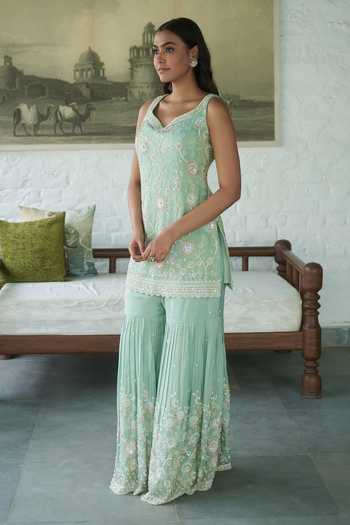 Meenagurnam_Blue Tissue V-neck Embroidered Kurta Gharara Set _Online_at_Aza_Fashions