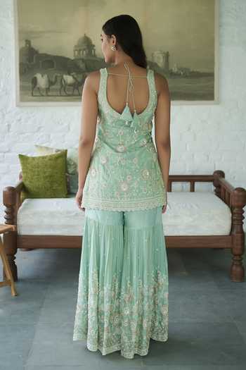 Shop_Meenagurnam_Blue Tissue V-neck Embroidered Kurta Gharara Set _at_Aza_Fashions