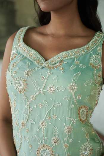 Buy_Meenagurnam_Blue Tissue V-neck Embroidered Kurta Gharara Set _Online_at_Aza_Fashions
