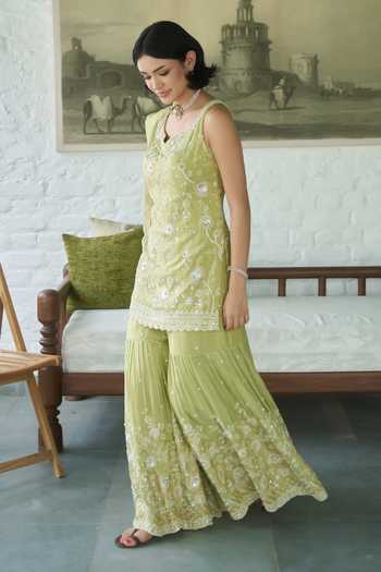 Meenagurnam_Green Tissue V-neck Embroidered Kurta Gharara Set _Online_at_Aza_Fashions