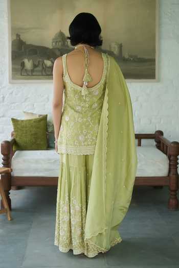 Shop_Meenagurnam_Green Tissue V-neck Embroidered Kurta Gharara Set _at_Aza_Fashions