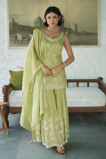 Buy_Meenagurnam_Green Tissue V-neck Embroidered Kurta Gharara Set _at_Aza_Fashions