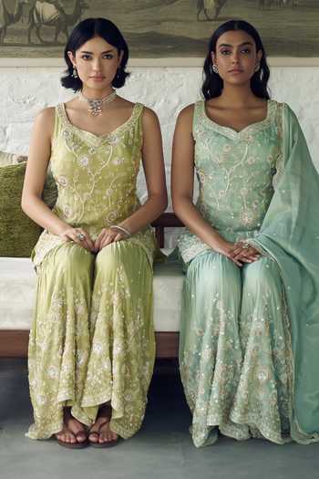 Shop_Meenagurnam_Green Tissue V-neck Embroidered Kurta Gharara Set _Online_at_Aza_Fashions