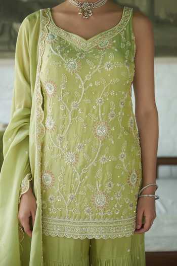 Meenagurnam_Green Tissue V-neck Embroidered Kurta Gharara Set _at_Aza_Fashions