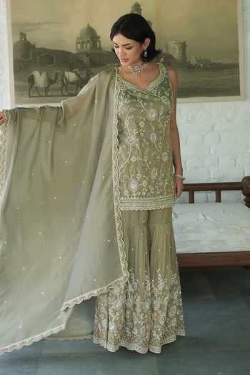 Meenagurnam_Grey Tissue V-neck, Yes Embroidered Kurta Gharara Set _Online_at_Aza_Fashions