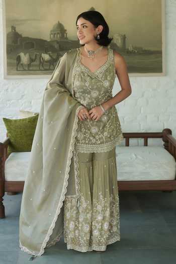 Buy_Meenagurnam_Grey Tissue V-neck, Yes Embroidered Kurta Gharara Set _Online_at_Aza_Fashions