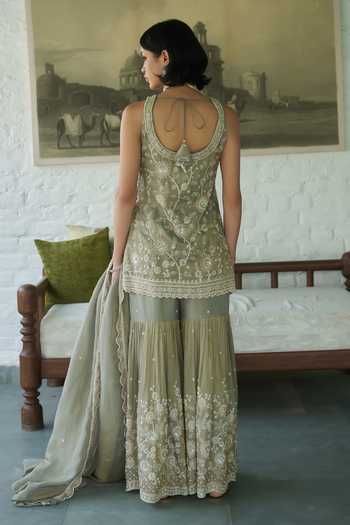 Shop_Meenagurnam_Grey Tissue V-neck, Yes Embroidered Kurta Gharara Set _at_Aza_Fashions
