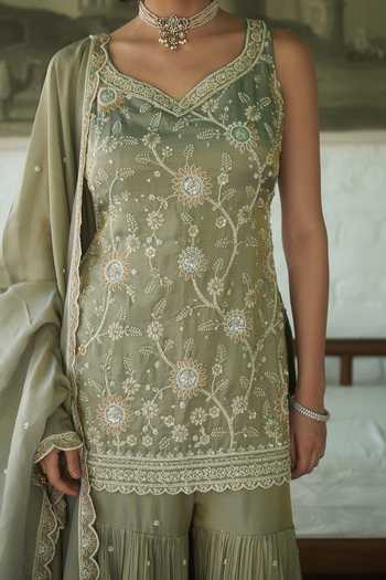 Shop_Meenagurnam_Grey Tissue V-neck, Yes Embroidered Kurta Gharara Set _Online_at_Aza_Fashions