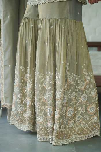 Meenagurnam_Grey Tissue V-neck, Yes Embroidered Kurta Gharara Set _at_Aza_Fashions