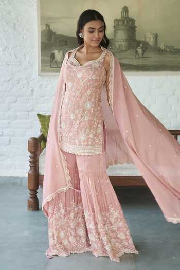 Buy_Meenagurnam_Pink Sweetheart Neck Floral Embroidered Kurta Gharara Set _Online_at_Aza_Fashions