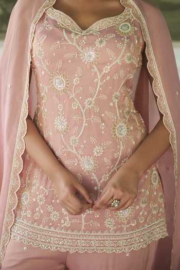 Shop_Meenagurnam_Pink Sweetheart Neck Floral Embroidered Kurta Gharara Set _Online_at_Aza_Fashions