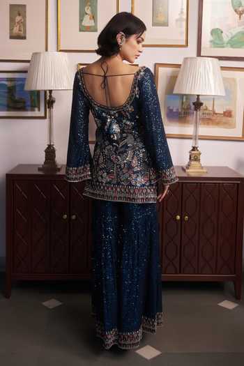 Shop_Meenagurnam_Blue V-neck Embroidered Kurta Sharara Set _at_Aza_Fashions