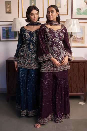 Meenagurnam_Blue V-neck Embroidered Kurta Sharara Set _Online_at_Aza_Fashions
