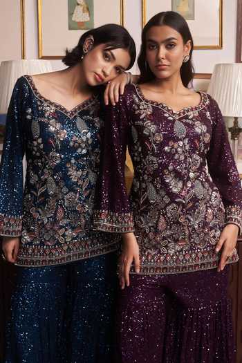 Buy_Meenagurnam_Blue V-neck Embroidered Kurta Sharara Set _Online_at_Aza_Fashions