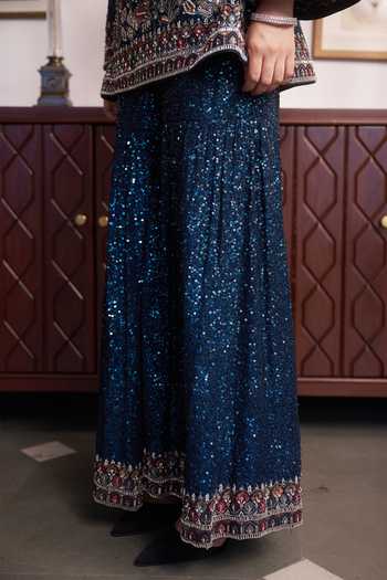 Meenagurnam_Blue V-neck Embroidered Kurta Sharara Set _at_Aza_Fashions