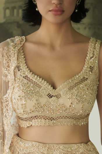 Buy_Meenagurnam_Ivory Net V-neck Embellished Lehenga Set _Online_at_Aza_Fashions