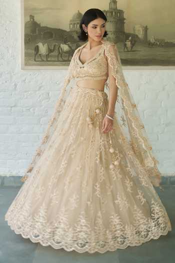 Meenagurnam_Ivory Net V-neck Embellished Lehenga Set _Online