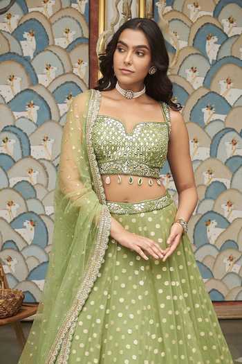 Buy_Meenagurnam_Green Net Sweetheart Neck Embellished And Woven Lehenga Set _Online_at_Aza_Fashions