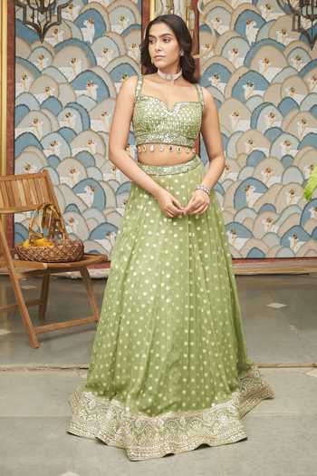 Shop_Meenagurnam_Green Net Sweetheart Neck Embellished And Woven Lehenga Set _Online_at_Aza_Fashions