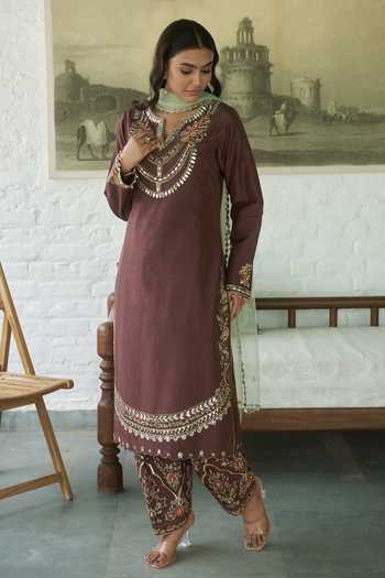 Meenagurnam_Brown Silk, Net V-neck Embroidered Kurta Salwar Set _Online_at_Aza_Fashions