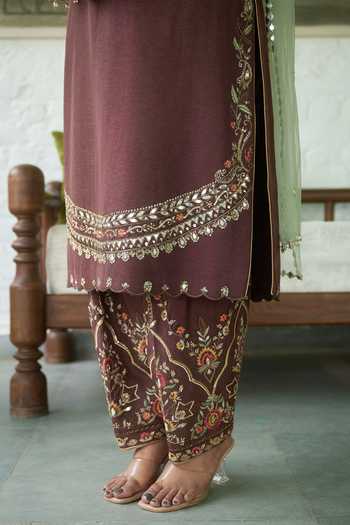 Buy_Meenagurnam_Brown Silk, Net V-neck Embroidered Kurta Salwar Set _Online_at_Aza_Fashions