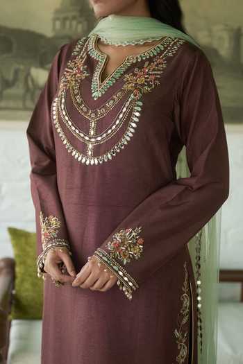 Shop_Meenagurnam_Brown Silk, Net V-neck Embroidered Kurta Salwar Set _Online_at_Aza_Fashions