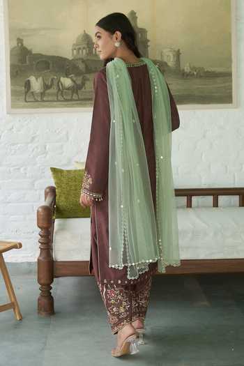 Shop_Meenagurnam_Brown Silk, Net V-neck Embroidered Kurta Salwar Set _at_Aza_Fashions