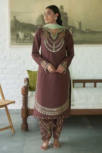 Meenagurnam_Brown Silk, Net V-neck Embroidered Kurta Salwar Set _at_Aza_Fashions