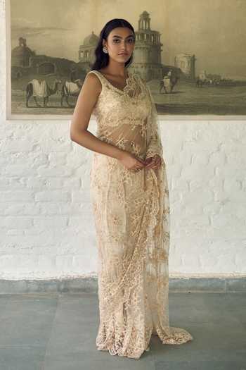 Buy_Meenagurnam_Ivory Net Sweetheart Neck Embellished Saree With Choli _Online_at_Aza_Fashions