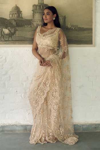 Shop_Meenagurnam_Ivory Net Sweetheart Neck Embellished Saree With Choli _Online_at_Aza_Fashions