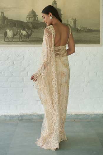 Shop_Meenagurnam_Ivory Net Sweetheart Neck Embellished Saree With Choli _at_Aza_Fashions