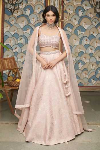 Buy_Meenagurnam_Pink Net Sweetheart Neck Embellished And Woven Lehenga Set _at_Aza_Fashions